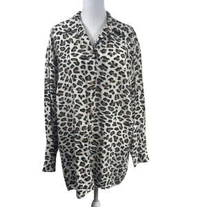 Calvin Klein 100% Silk Leopard Tunic Button Up Tunic Top Sz S Mob Wife Oversized